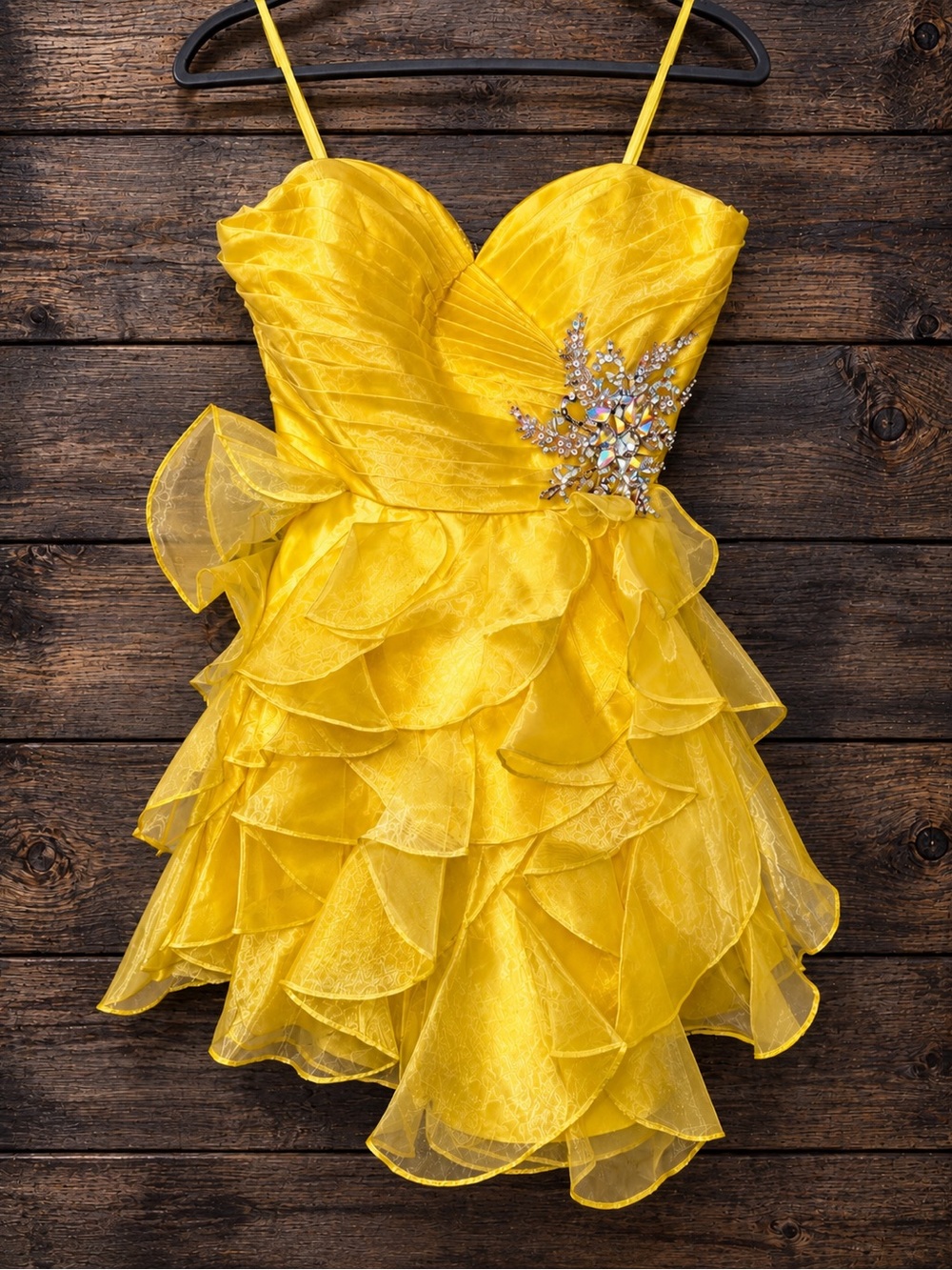 Cinderella Bright Yellow Strapless Ruffled Party Dress with Crystal Accent